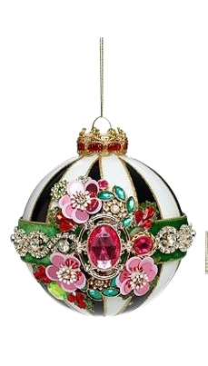 Black and white striped Christmas ornament with pink floral jewels and a green velvet band.