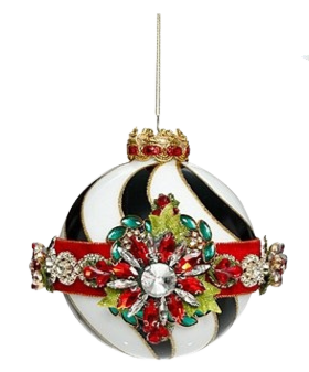 Red Gem Swirl Christmas ornament with black and white stripes, red velvet band, and jeweled floral.