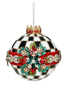 Black and white checkered glass ornament with a red velvet band and teal jeweled floral accents.