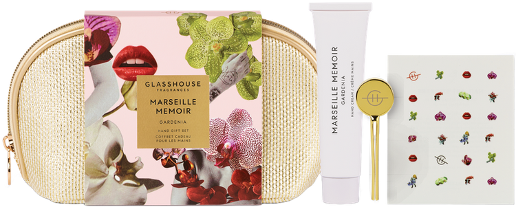 Gift set with gardenia-scented hand cream tube, nail stickers, and cosmetic case featuring Sally Ann illustrations.
