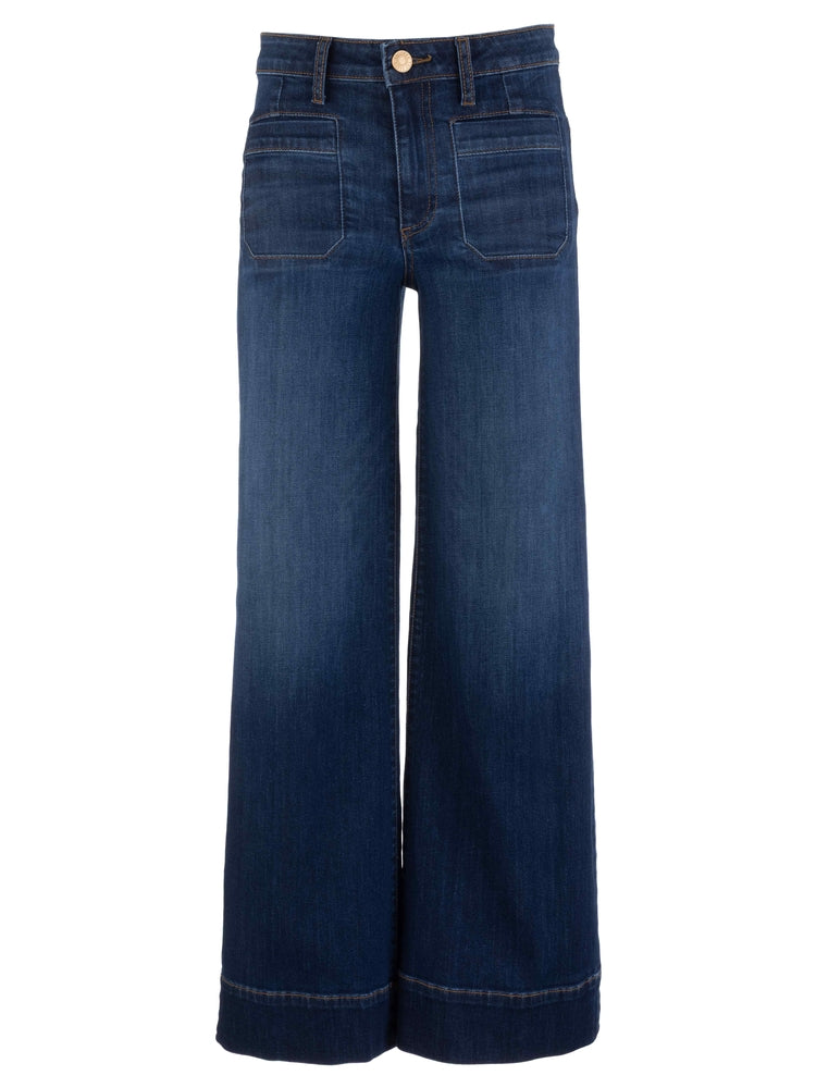 Dark wash high-rise wide-leg jeans with front patch pockets and a wide hem.