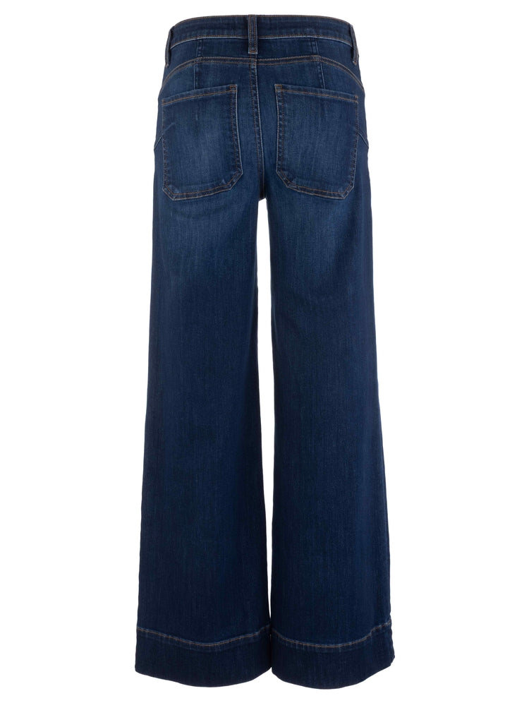 Back view of dark wash high-rise wide-leg jeans with back darts, patch pockets, and a wide hem.