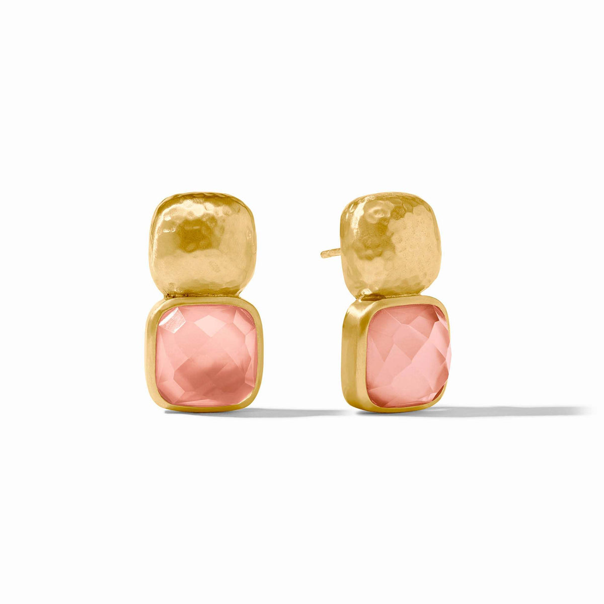 Catalina Earring featuring a pink faceted glass cushion and a hammered 24K gold-plated square top.