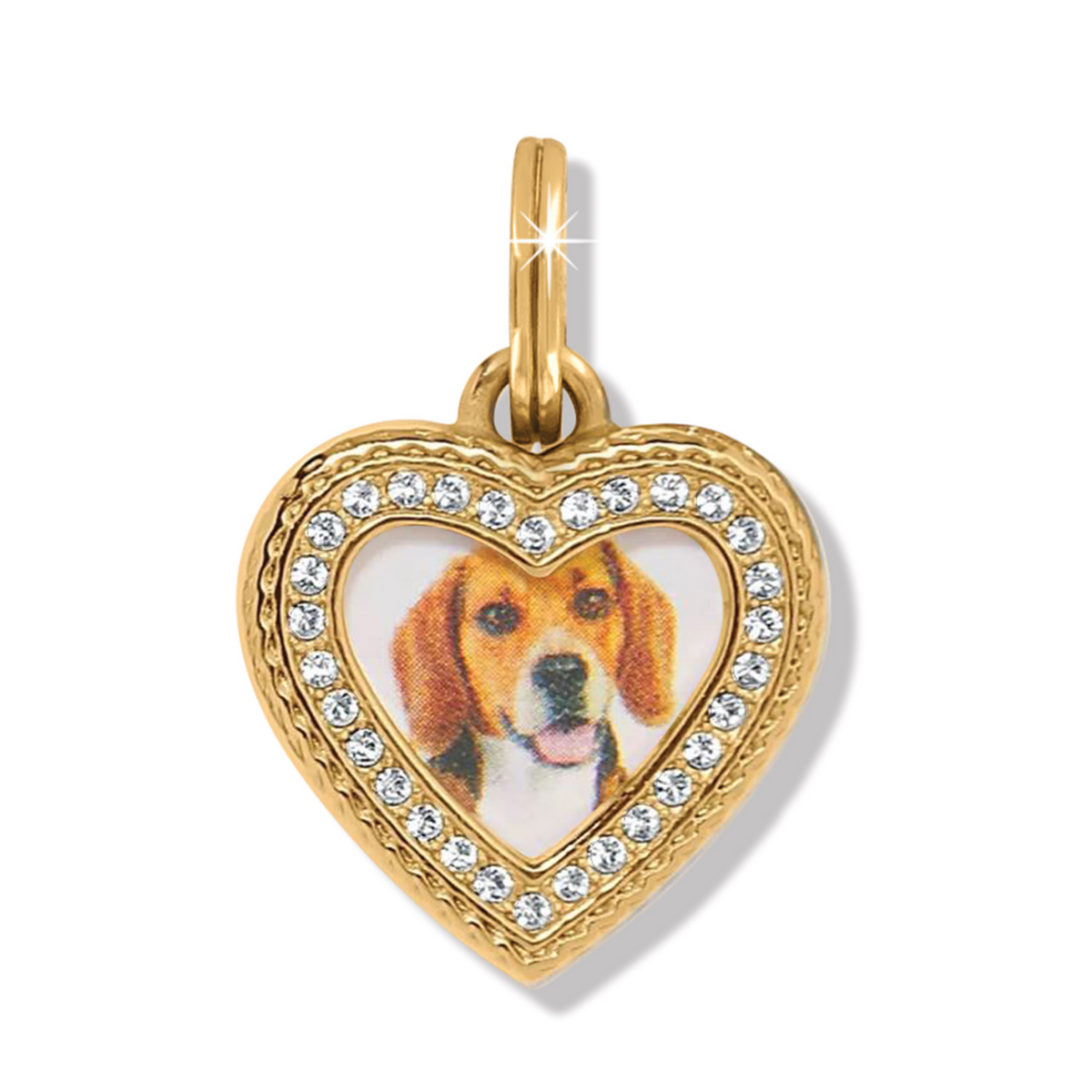 Gold heart-shaped photo charm with a crystal border featuring a beagle dog portrait.