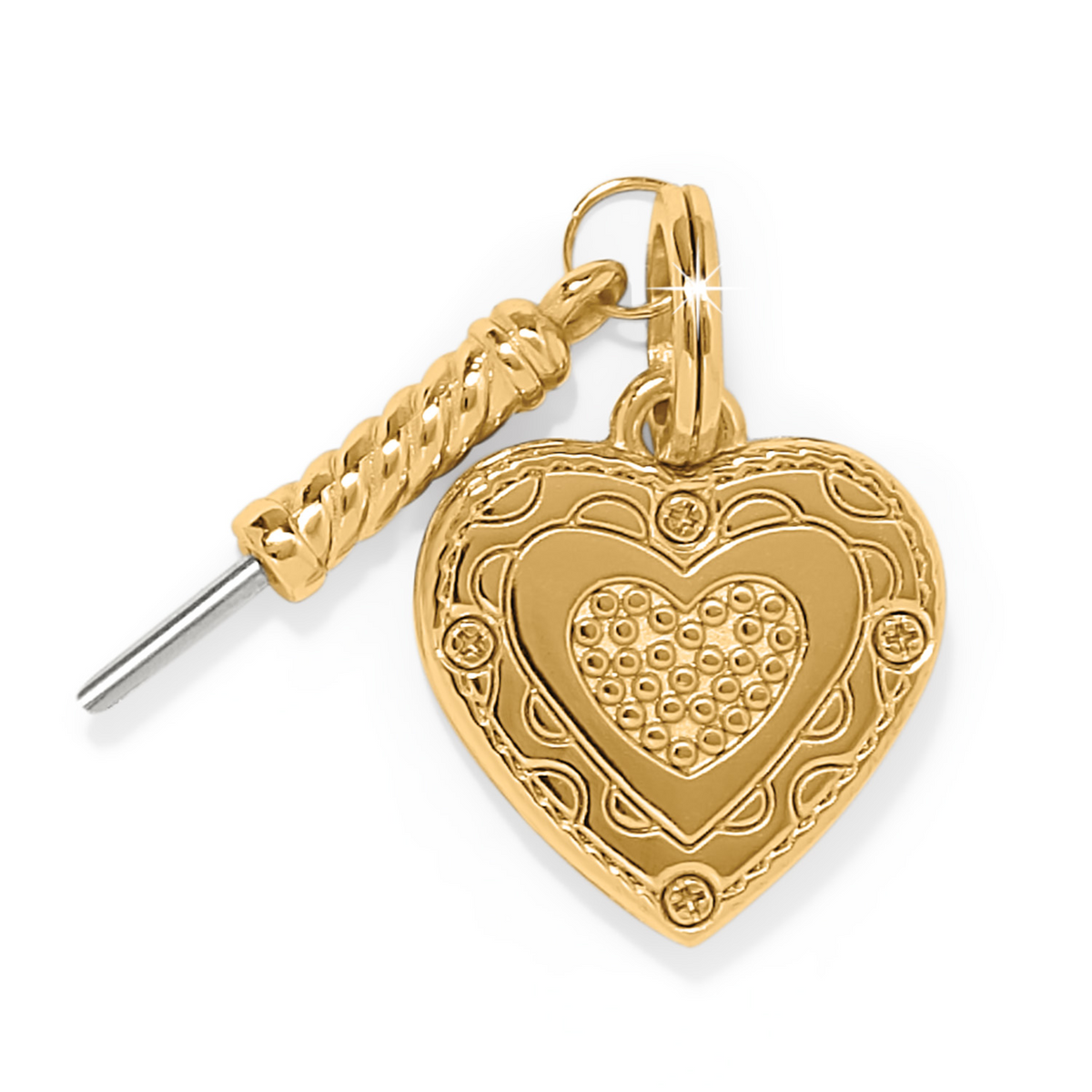 Gold-tone heart-shaped photo charm with intricate scrollwork and a textured center.