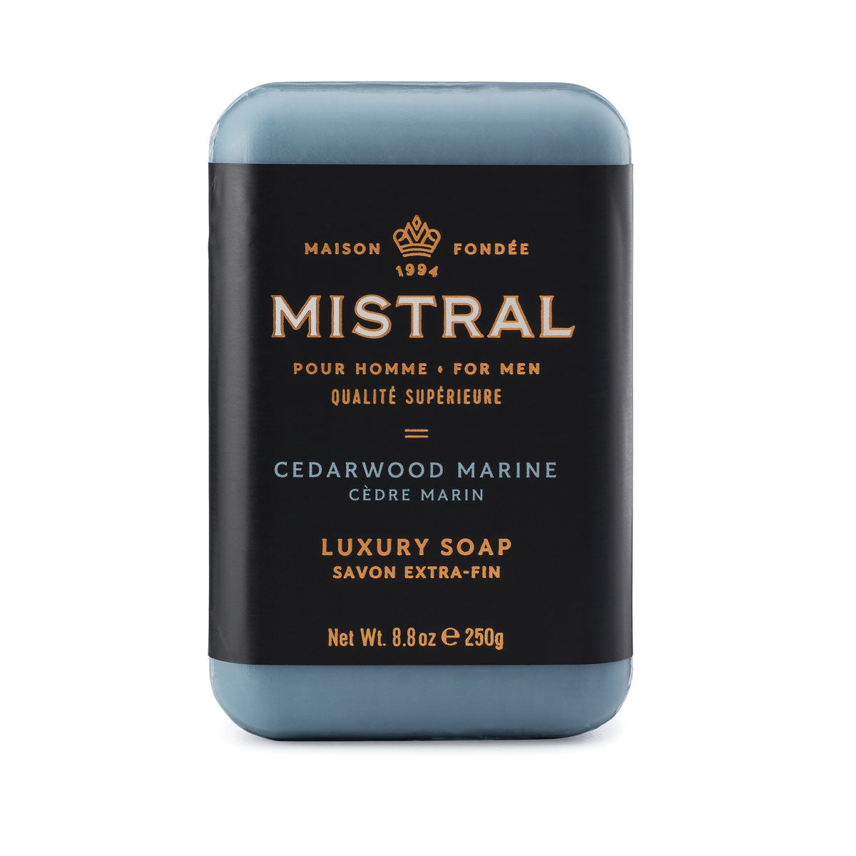 Mistral Men's Cedarwood Marine triple-milled bar soap in a black label, 8.8 oz.