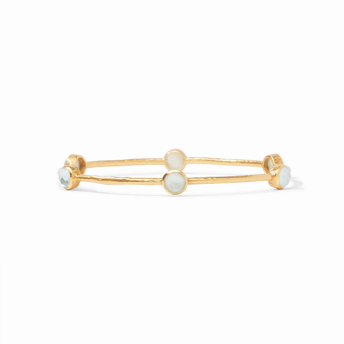 Gold hammered bangle with six iridescent aquamarine gemstone stations
