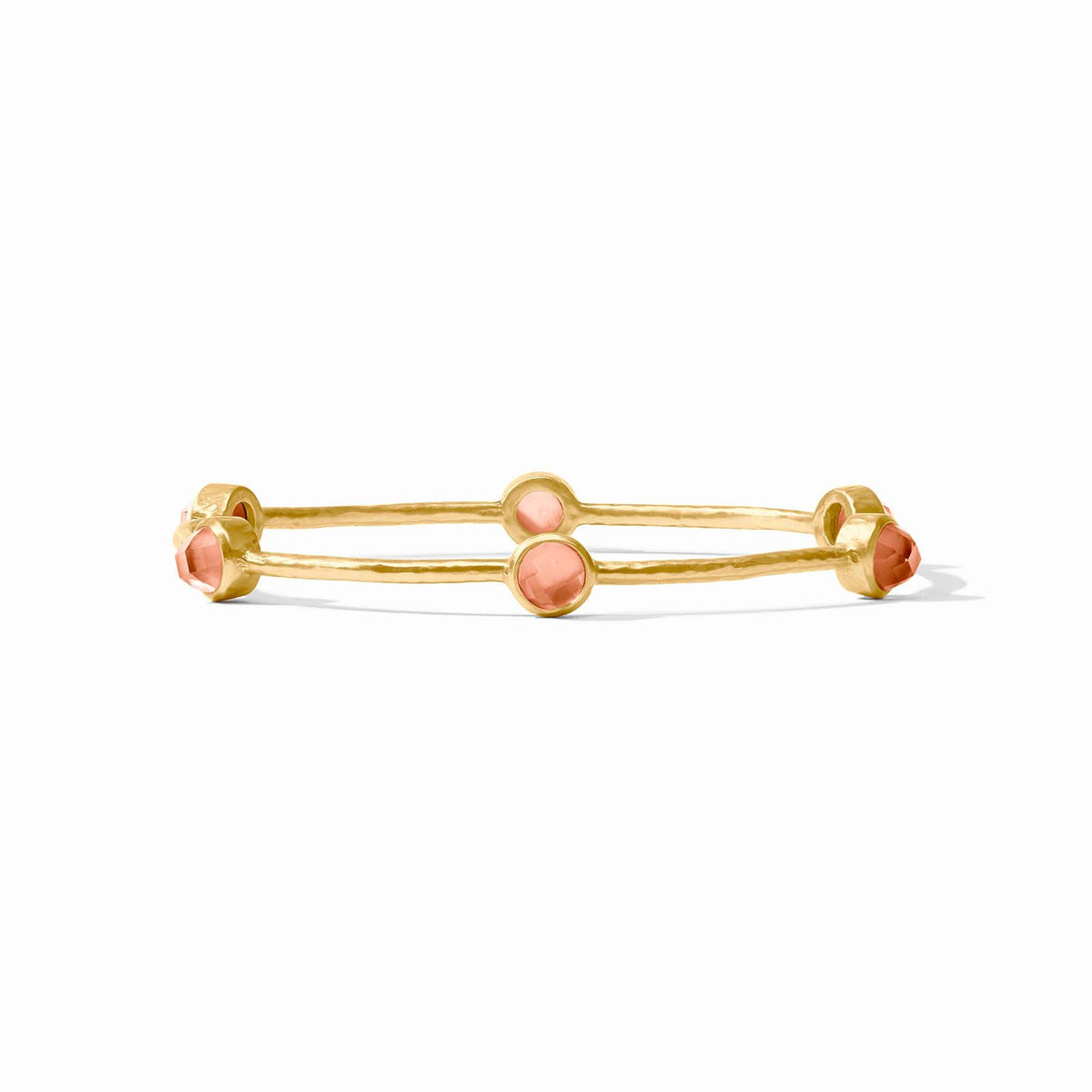Gold hammered bangle with six iridescent gemstone stations