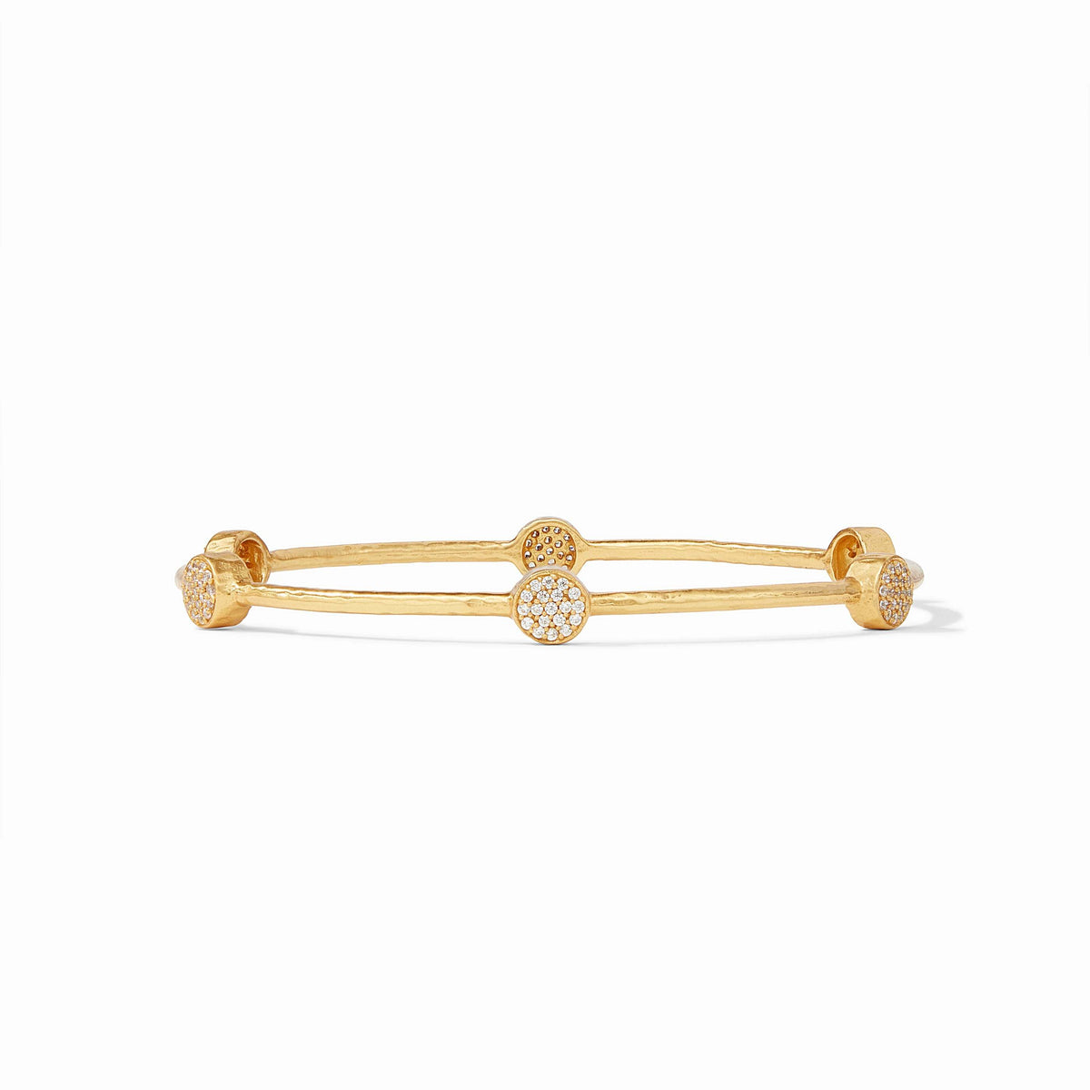 Gold hammered bangle with six iridescent gemstone stations