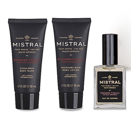 Mistral Voyageur Essentials Set Bourbon Vanilla with body wash, body lotion, and eau de parfum.