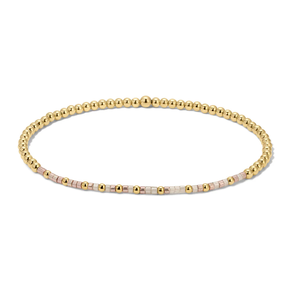 Morse code bracelet with metallic light pink and pewter glass beads on elastic cord