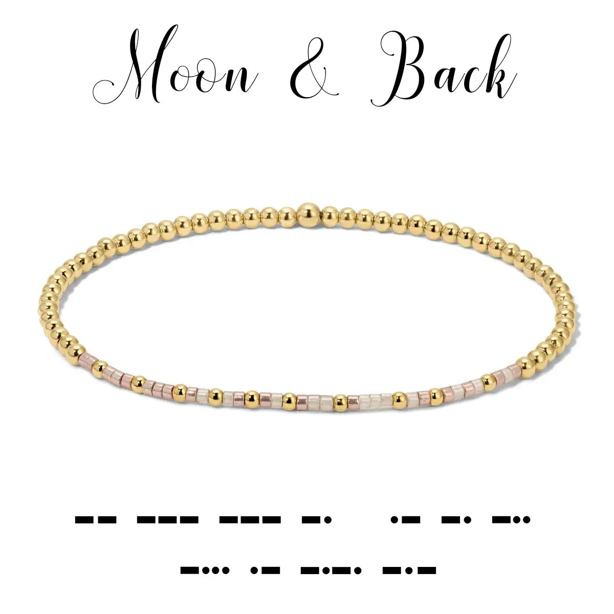 Morse code bracelet with metallic light pink and pewter glass beads on elastic cord