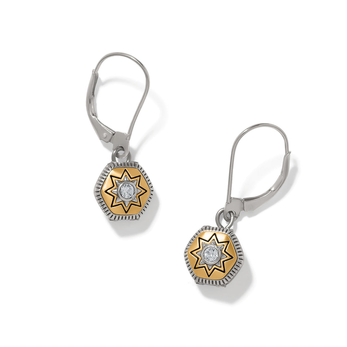 Mosaic Nova Mini Leverback Drop Earrings in two-tone silver and gold with star motif.