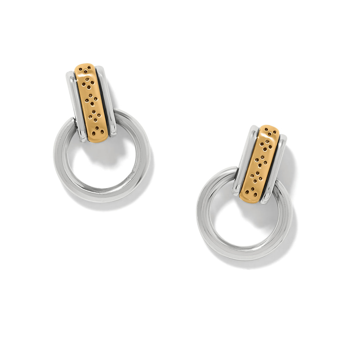 Mosaic two-tone mini post drop earrings with silver rings and gold textured rectangular accents.