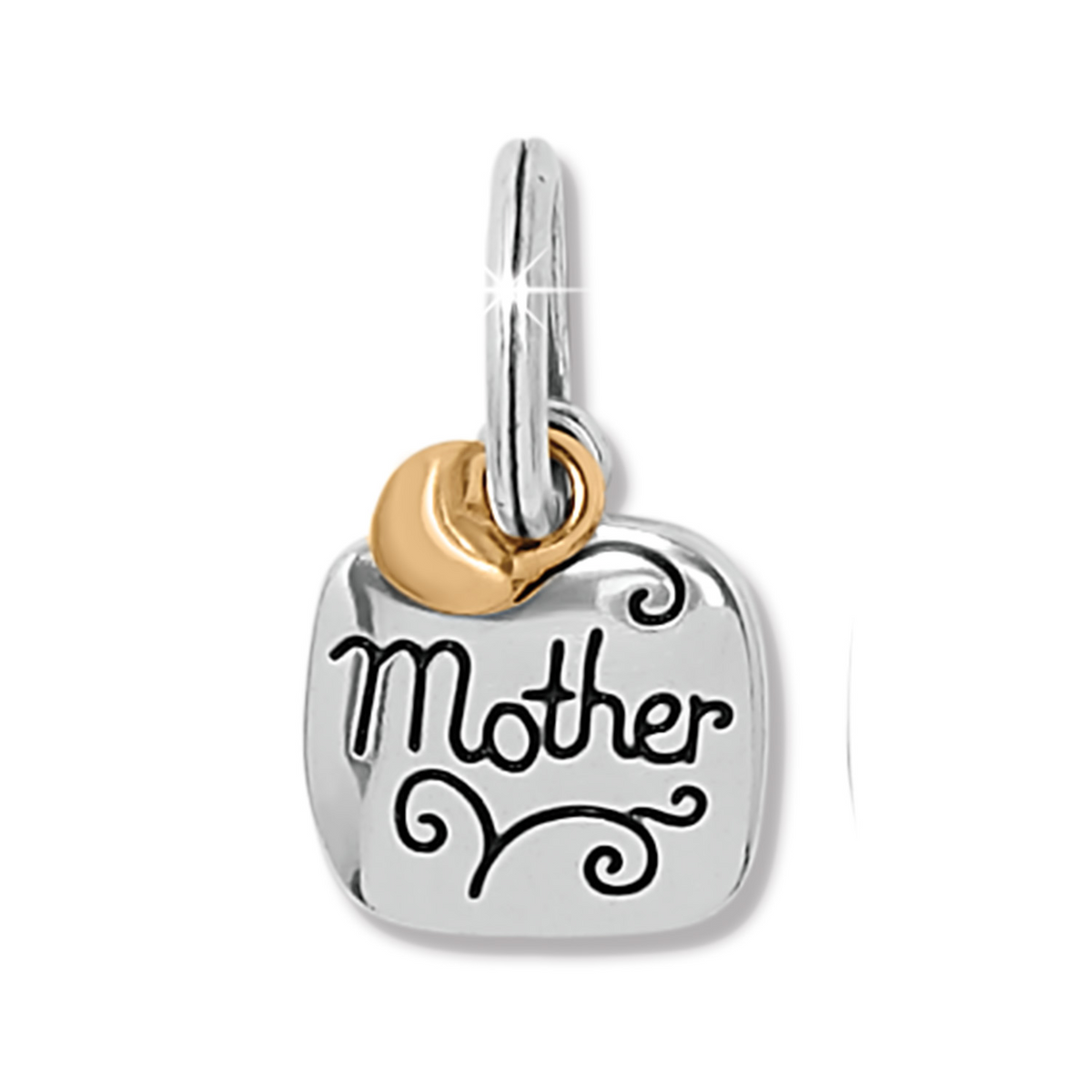 Two-tone silver and gold square charm with 'Mother' engraved in black script with swirl accents.