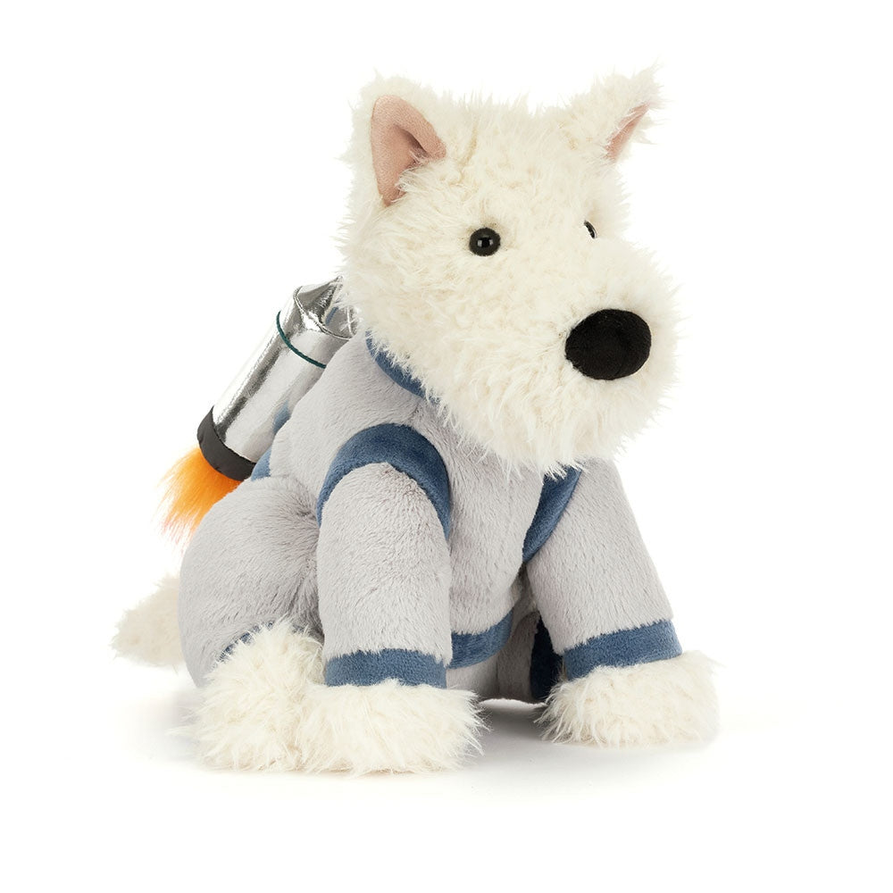 Munro Scottie Dog plush in a grey and blue space suit with a silver jetpack and orange flames.