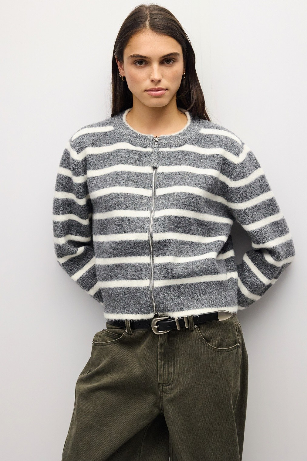 Natalia Sweater: A cropped, grey and white striped boucle knit with a crew neck and full zip front.