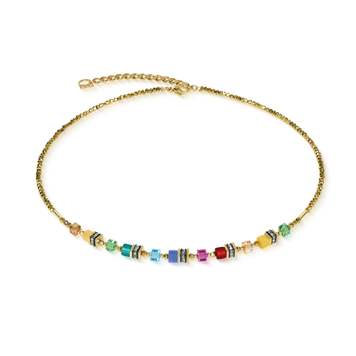 Gold-plated necklace with multicolor Swarovski crystal cubes, rhinestones, and a lobster clasp.