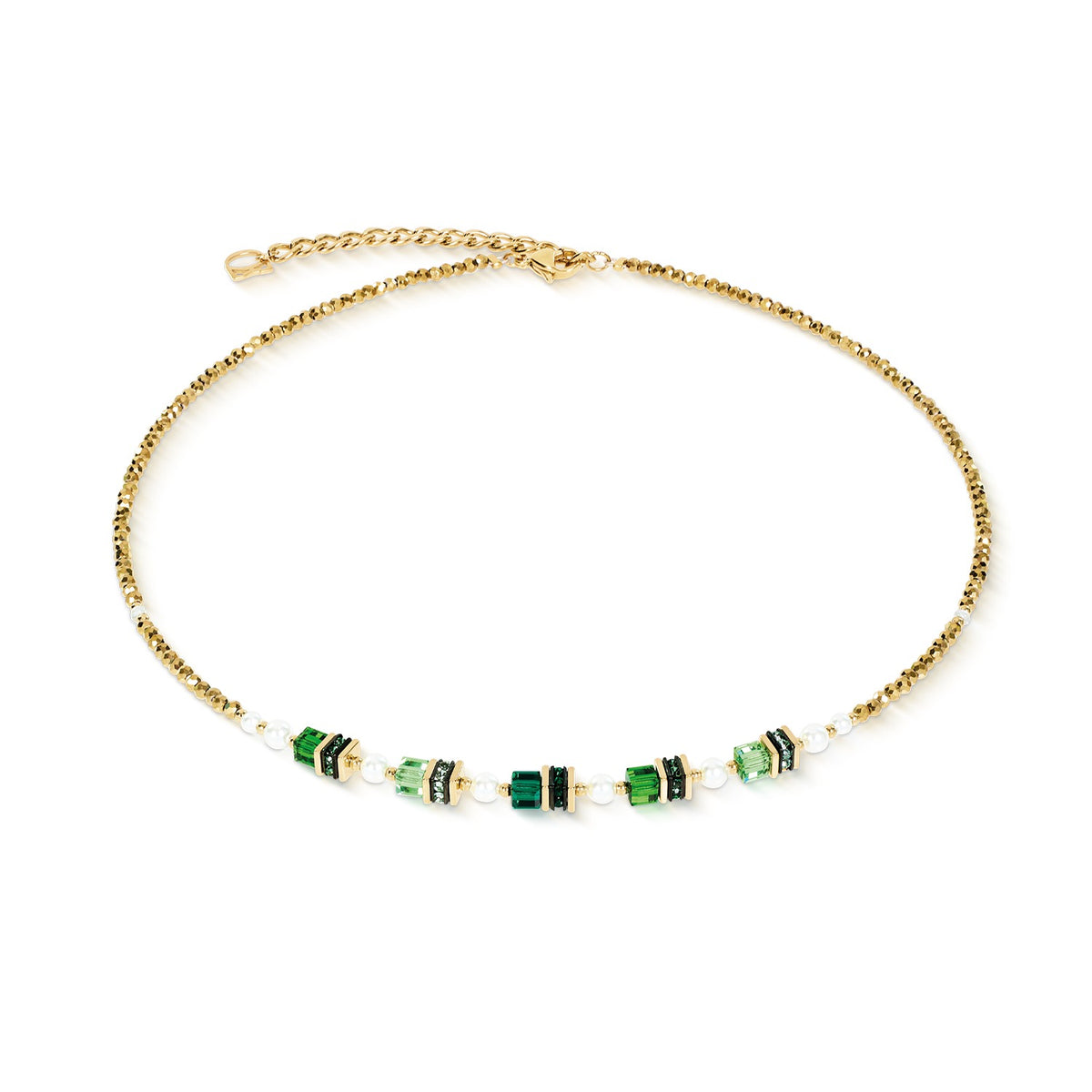 Gold-plated necklace with emerald green crystals, white Swarovski pearls, and a lobster clasp.