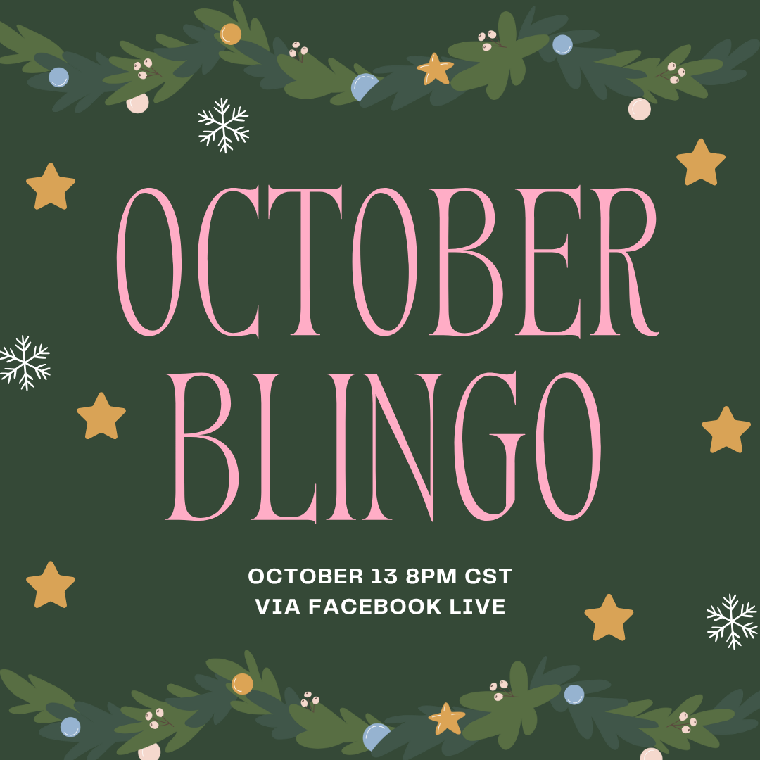October Blingo event flyer for October 13 at 8PM CST via Facebook Live on a green background.