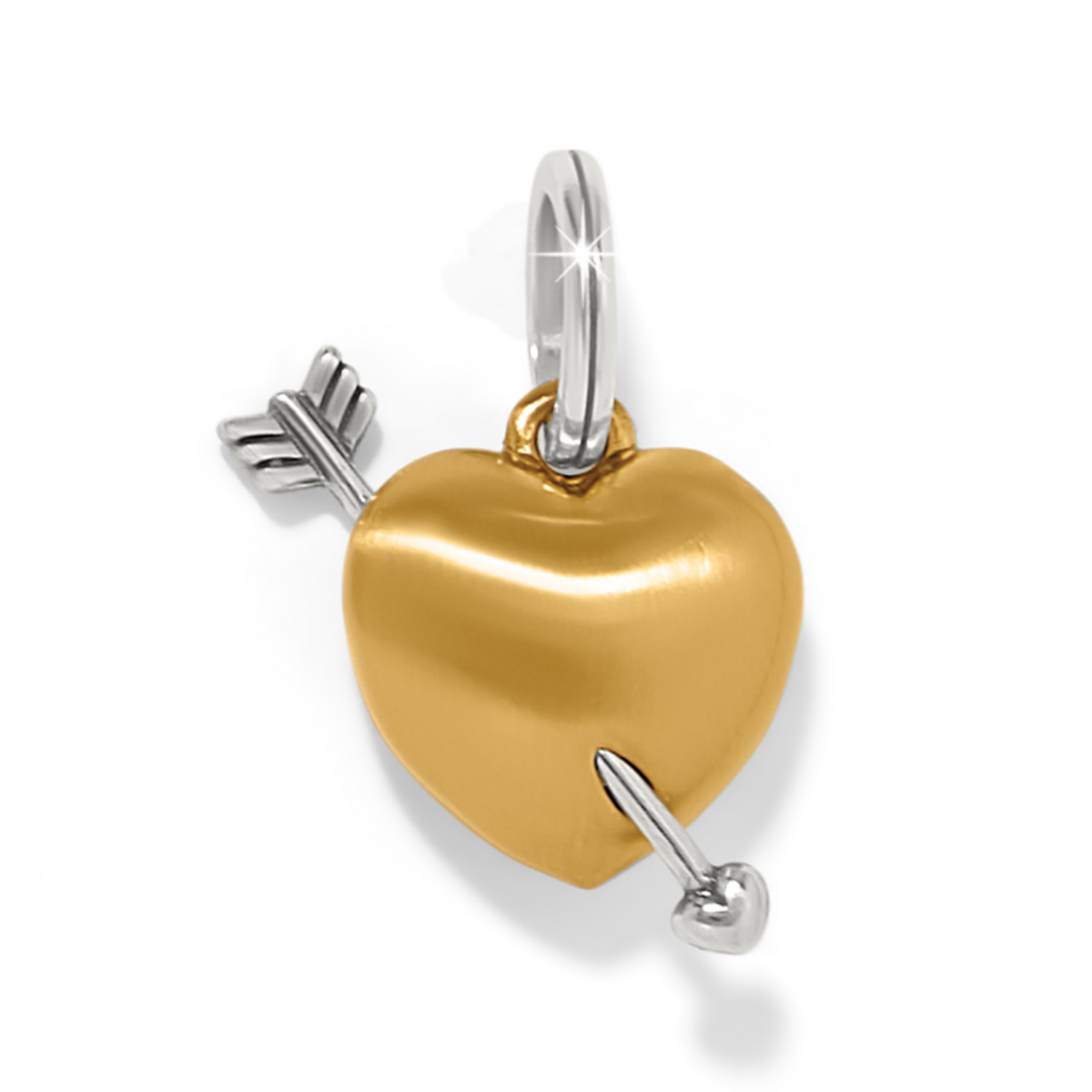 Two-tone gold heart charm with a silver arrow through it and a silver bail.