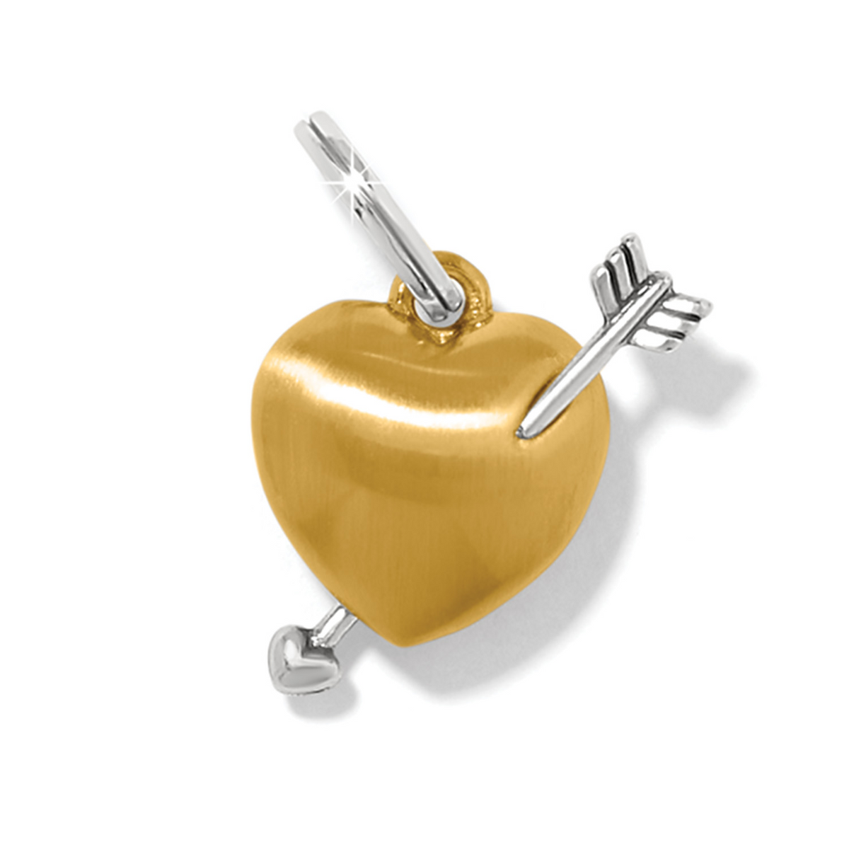 Two-tone gold heart charm with a silver arrow through it and a silver bail.