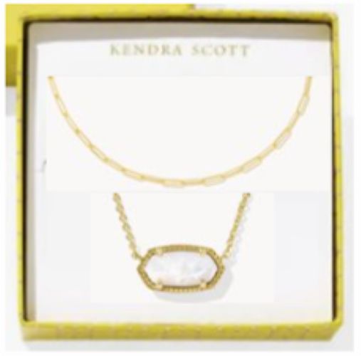Kendra Scott Elisa and Courtney gold necklace gift set with a white iridescent pendant.