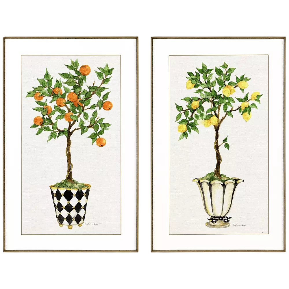 Framed print featuring a topiary tree with orange and lemon fruit silhouettes against a light background.