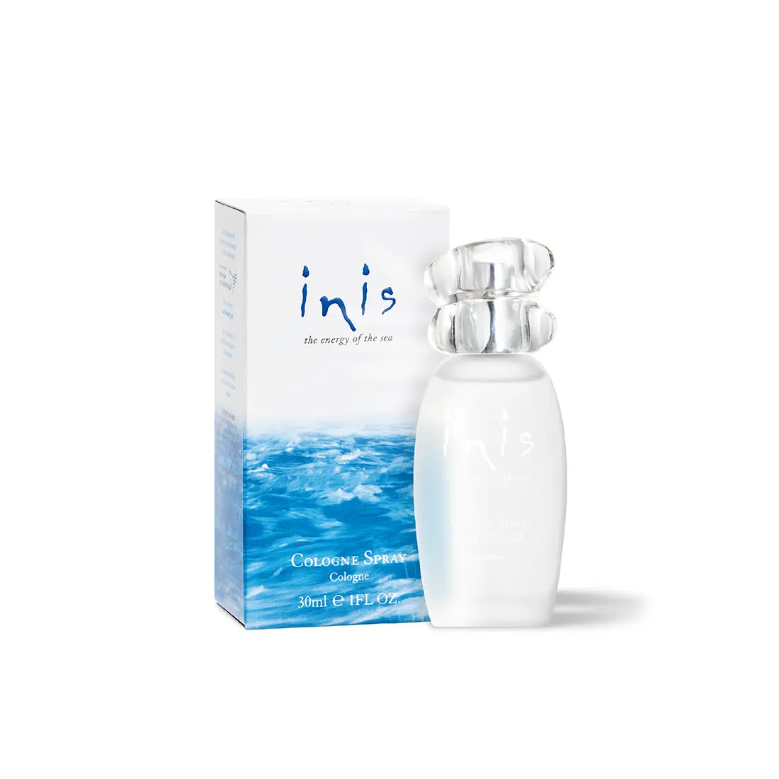 Inis Cologne Spray 30ml bottle with frosted glass and pebble-shaped cap next to its blue ocean box.