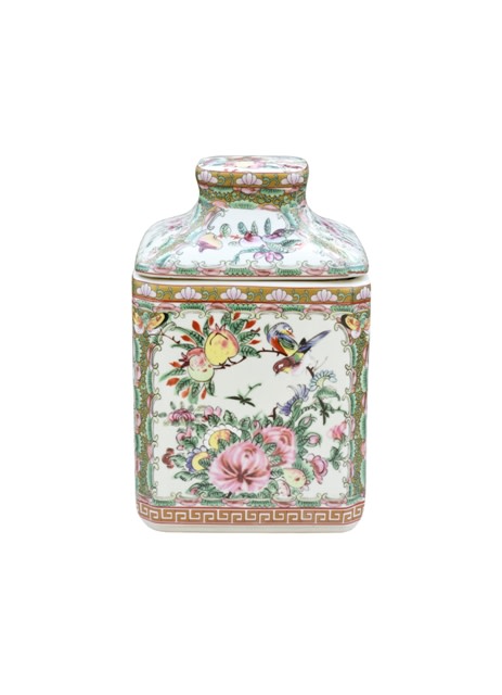 Handmade porcelain candy box featuring a rose medallion with intricate floral patterns in white and soft pink tones.