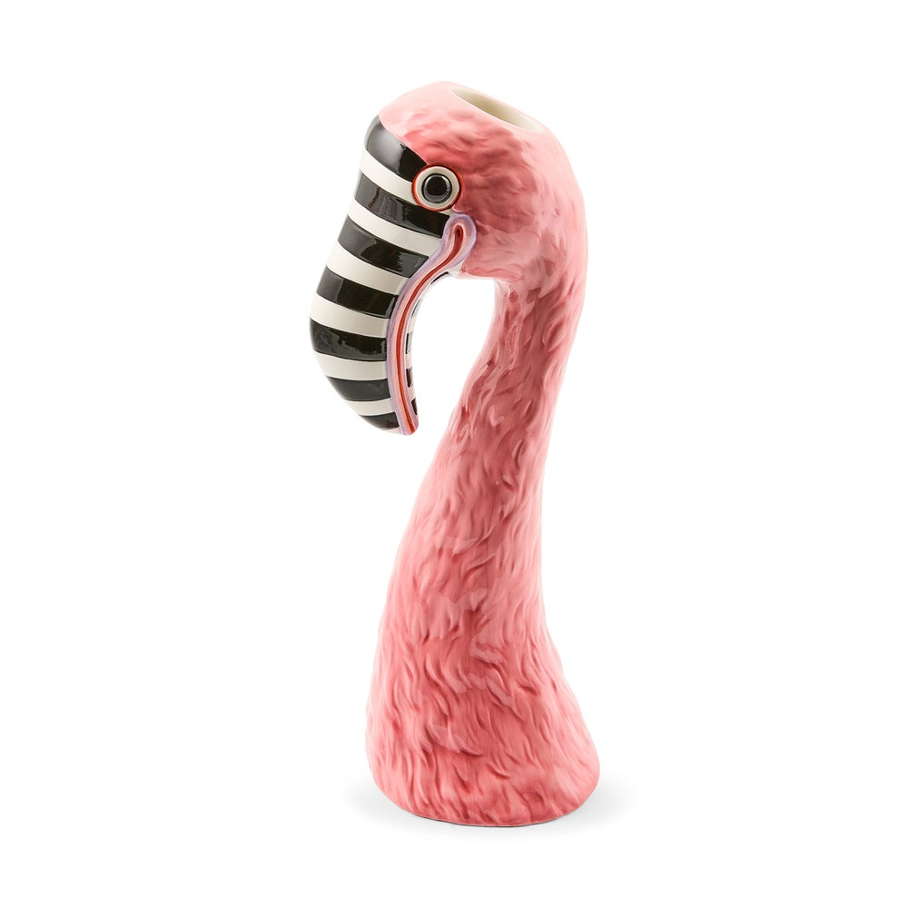 Patience Brewster Flamingo Ceramic Vase featuring a pink feathered neck and black striped beak.