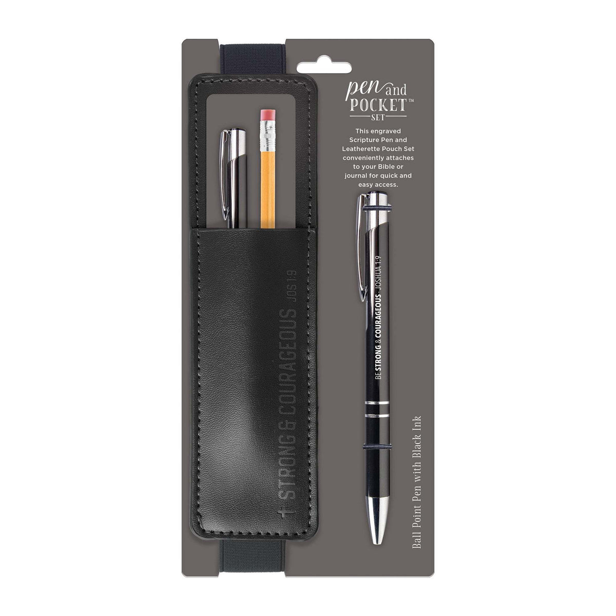 Black leatherette pen pocket set with a metal ballpoint pen engraved with Joshua 1:9.