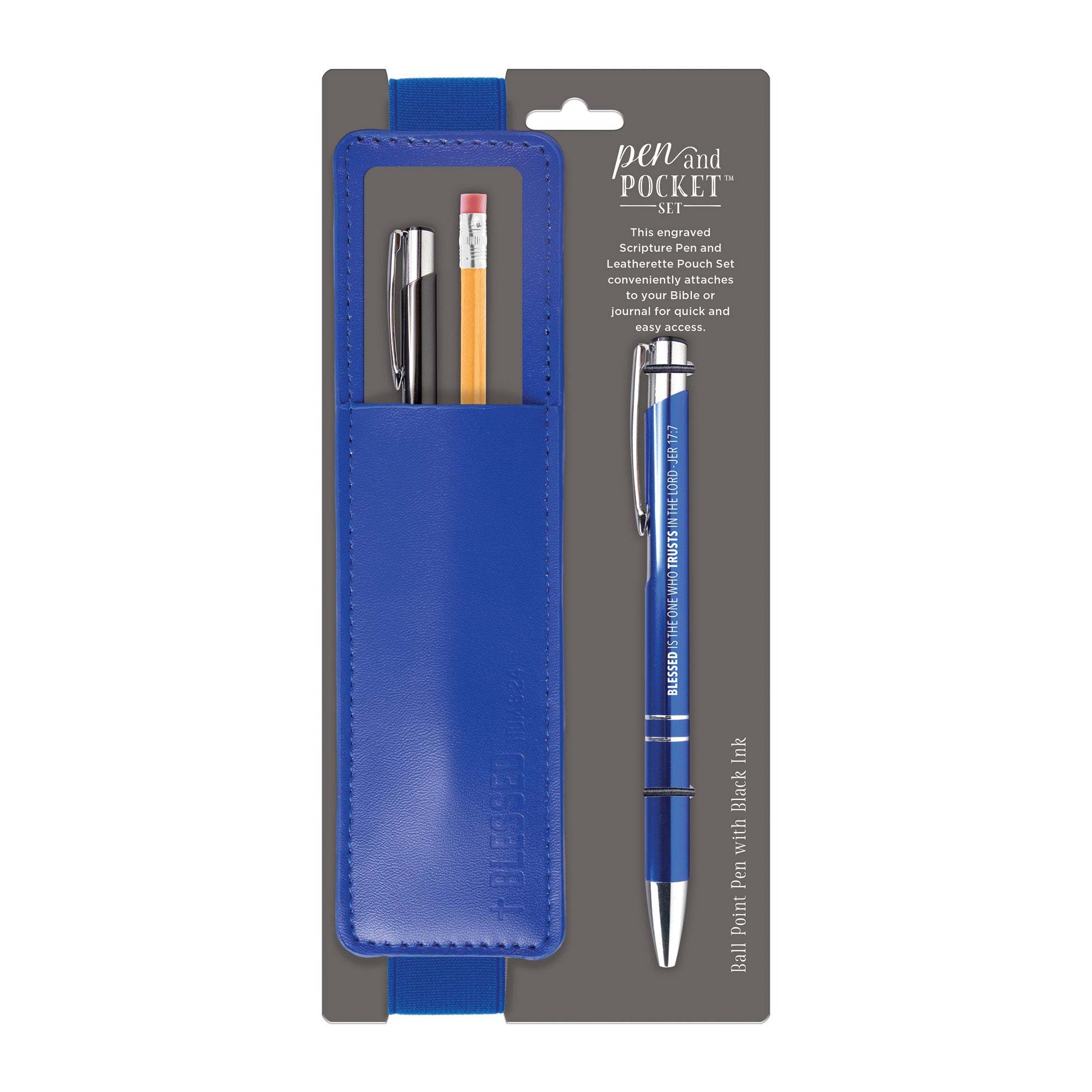 Blue leatherette pen pocket set with a blue metal ballpoint pen and elastic band for journals.