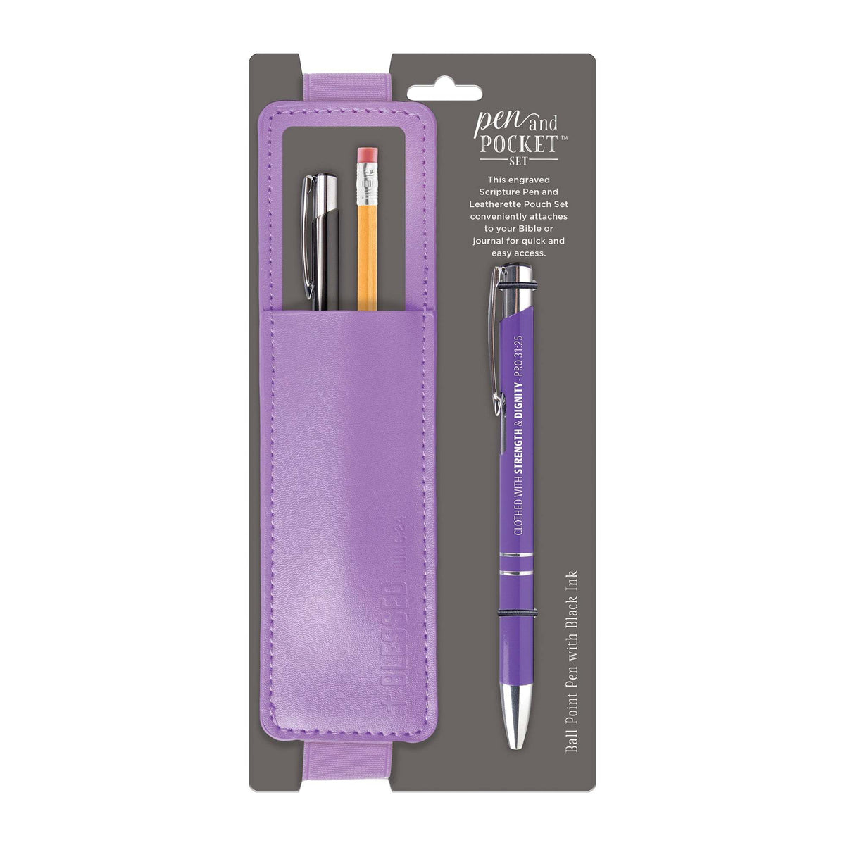 Lavender leatherette pen pouch with a purple ballpoint pen featuring a scripture verse.