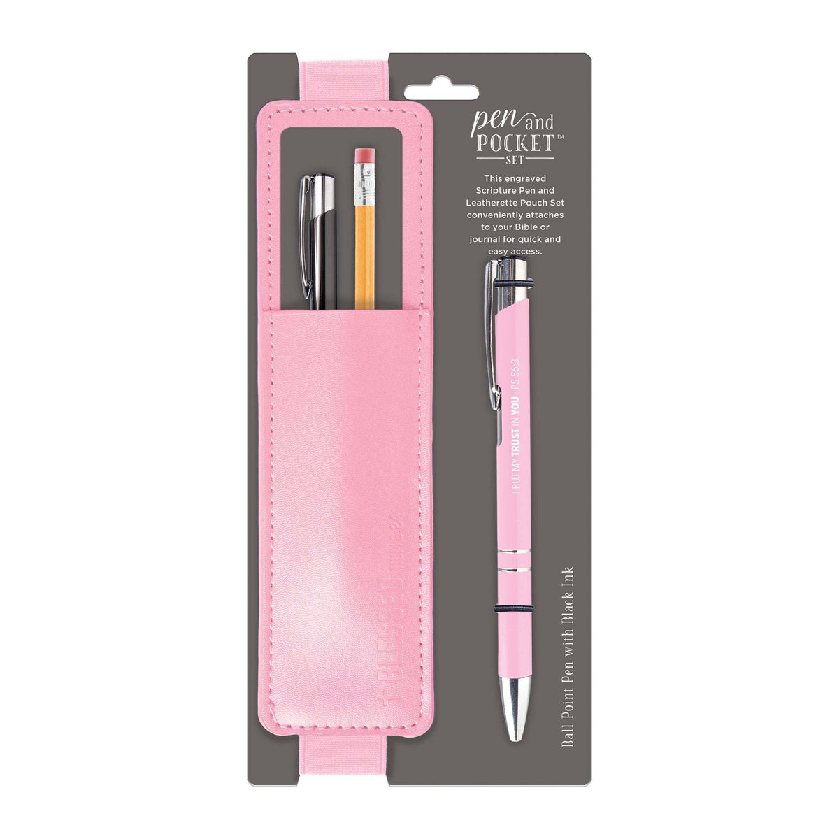 Pink leatherette pen pocket set with a metal ballpoint pen and elastic strap for journals.