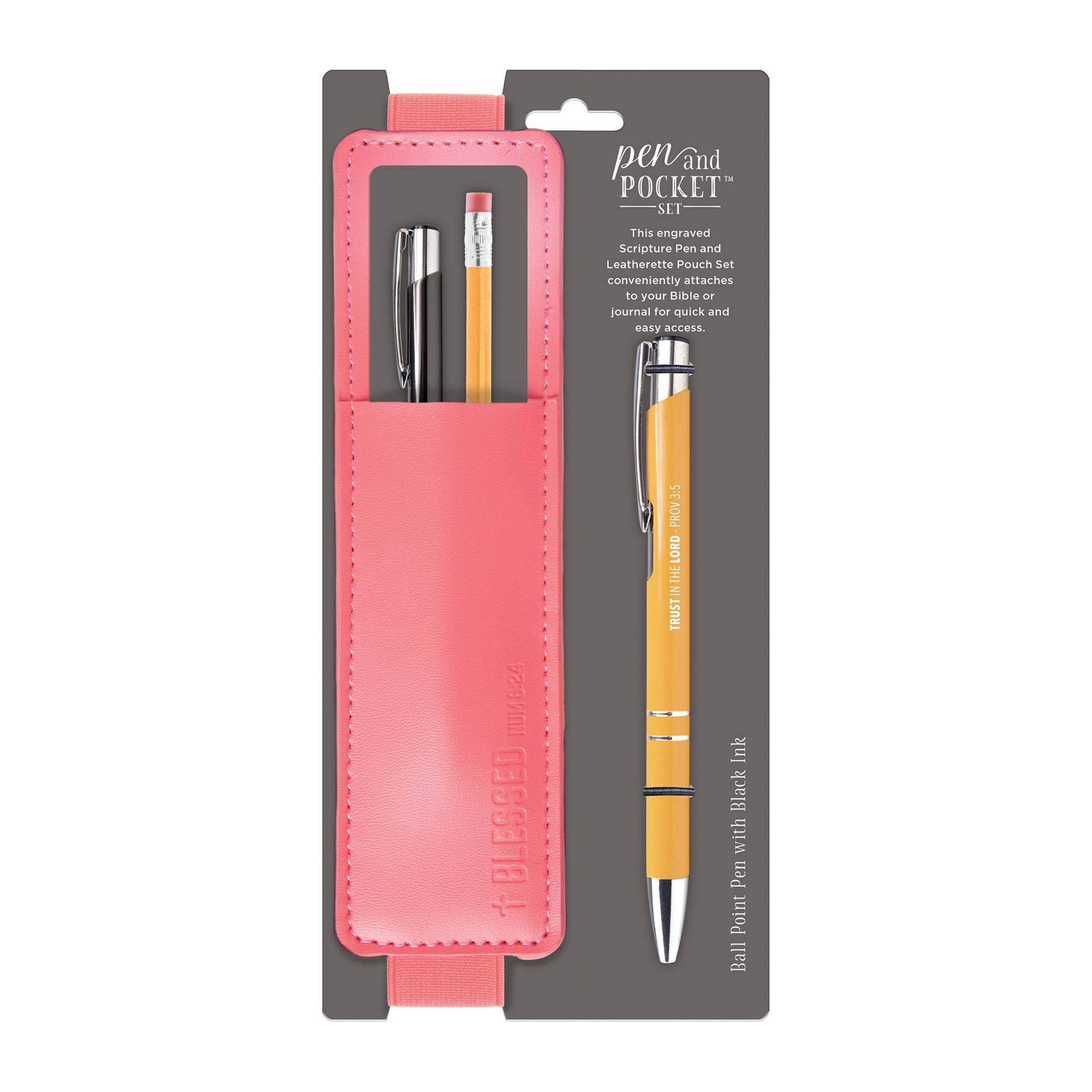 Pen and Pocket Set featuring a coral leatherette pouch and a yellow metal ballpoint pen.