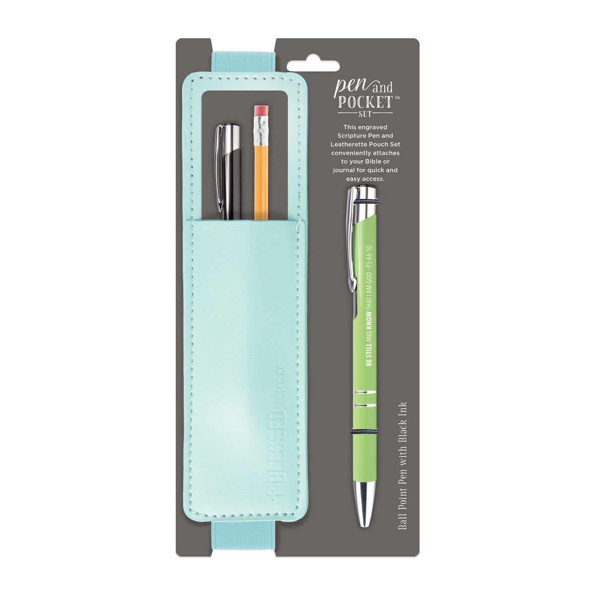 Pen and Pocket Set with a pale turquoise leatherette pouch and a green engraved ballpoint pen.