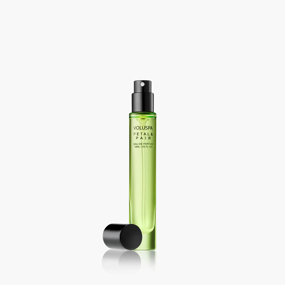Voluspa Petal & Pair 10ml Eau De Parfum in a slim green glass spray bottle with a black cap.