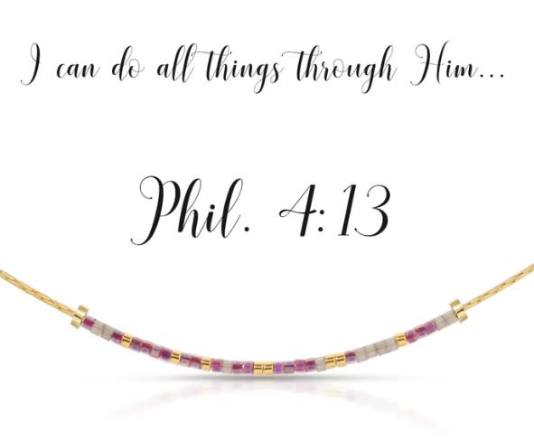 Gold necklace featuring Morse code text encoding Philippians 4:13.