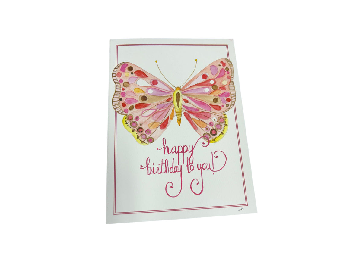 A white greeting card featuring a colorful pink watercolor butterfly and "happy birthday to you!".