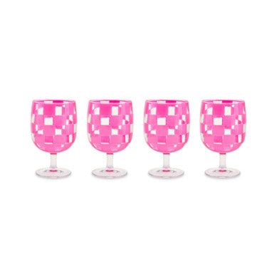 Set of four pink acrylic water goblets with a tapered cylindrical shape.