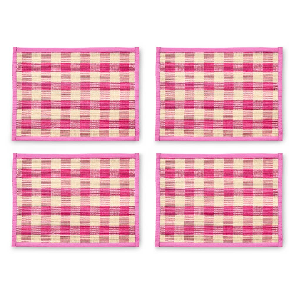 Woven straw placemat with pink cotton check pattern