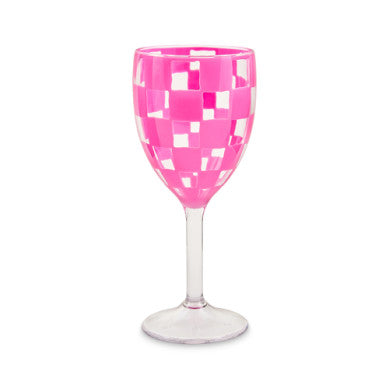 Set of four pink acrylic wine goblets with a classic stemware silhouette.