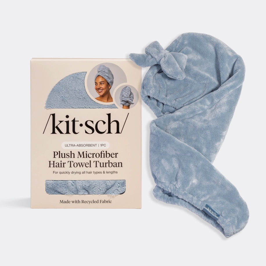 Coastal blue plush microfiber hair towel turban with a bow detail
