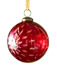 Red glass 5-inch Christmas ball ornament with etched starburst and geometric patterns.