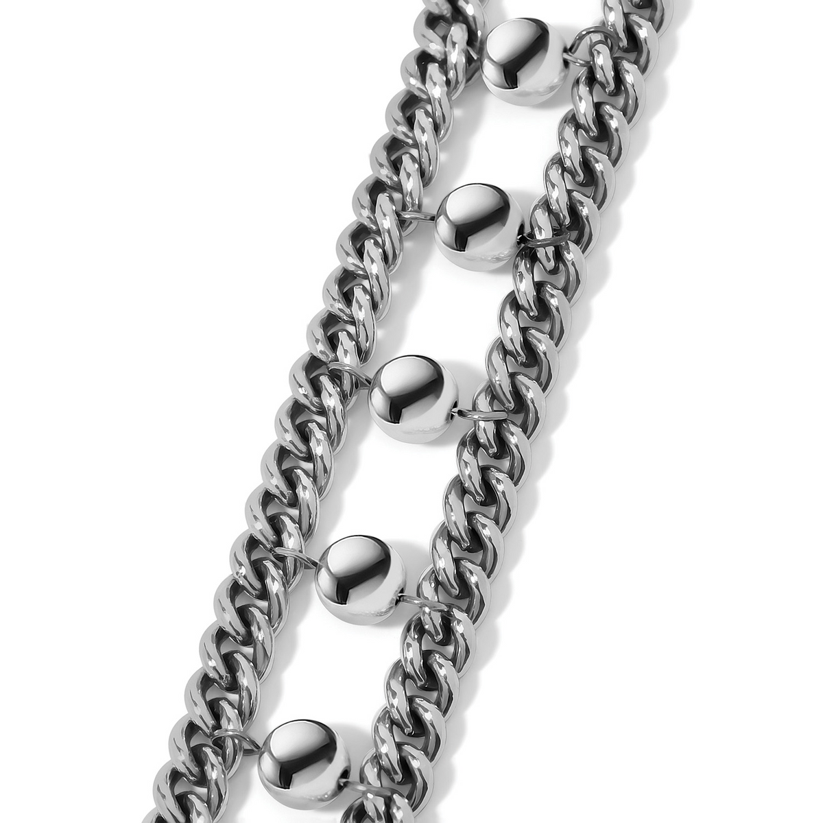 Silver-plated Pretty Tough Orb Bracelet featuring double curb chains connected by polished orbs.