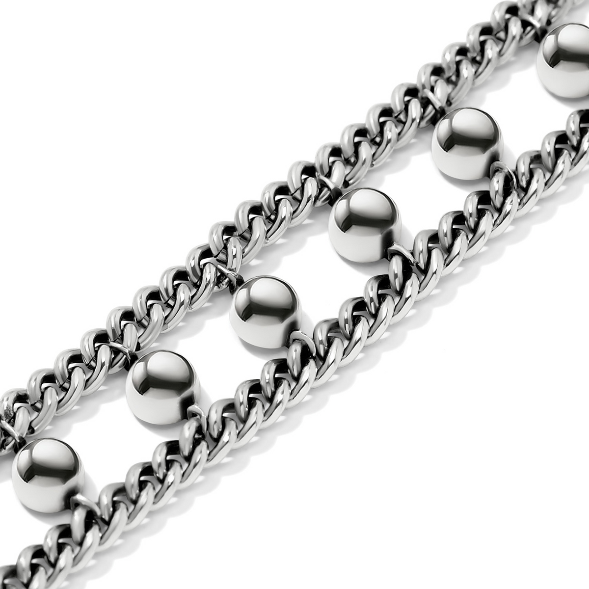 Silver-plated Pretty Tough Orb Bracelet featuring two parallel curb chains joined by polished orbs.
