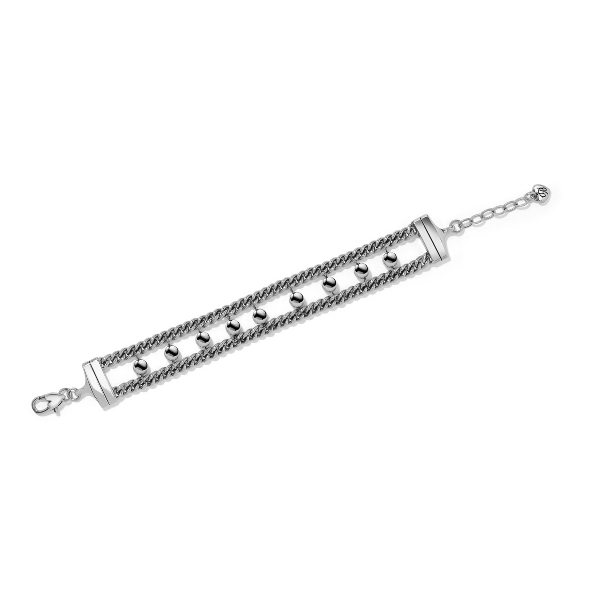 Silver-plated Pretty Tough Orb Bracelet with double curb chains and nine polished metal orbs.