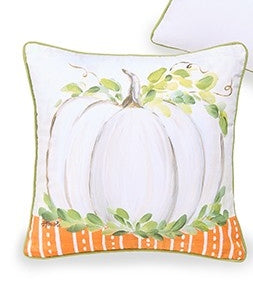 16-inch square white pillow featuring a painted white pumpkin with green leaves and orange stripes.