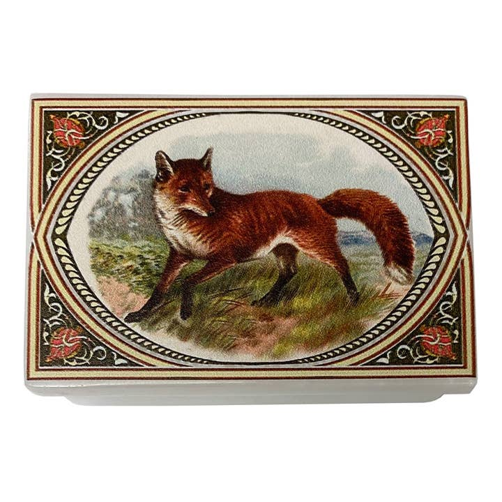 Rectangular soapstone box with a vintage red fox print on the lid and decorative floral corners.